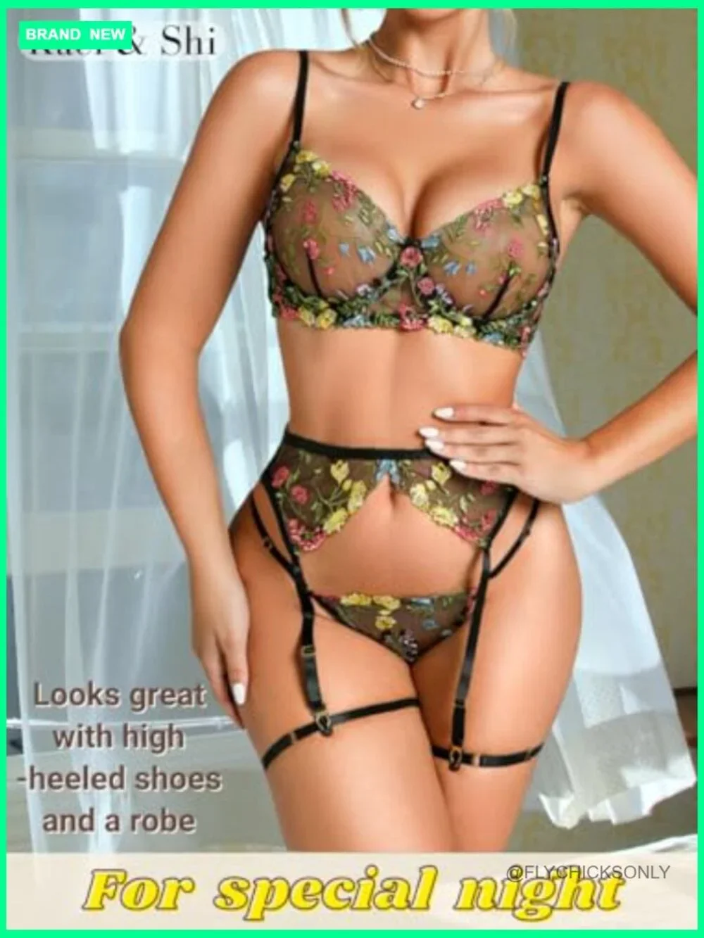 Vibrant Floral Embroidery Underwire Thong Garter Lingerie Set